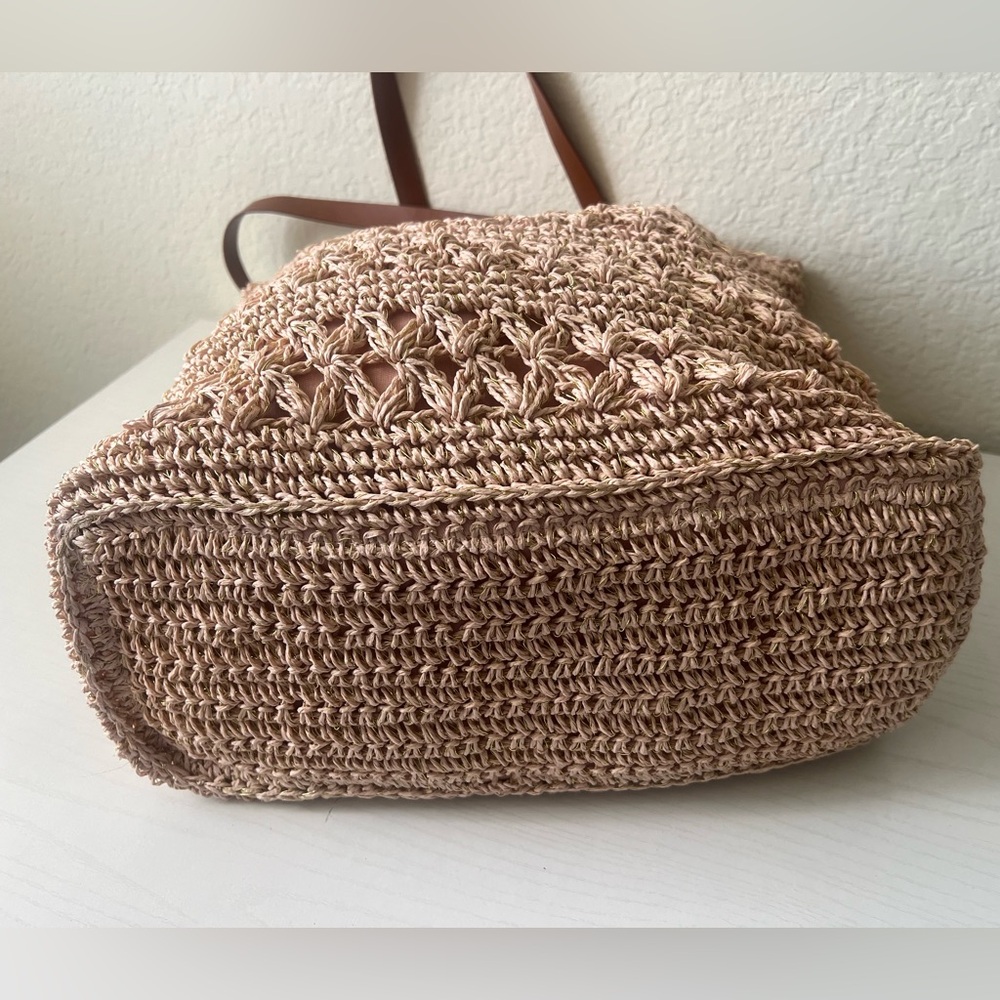 Woven Blush Pink Tote Bag with Brown Straps‎ - Picture 3 of 7